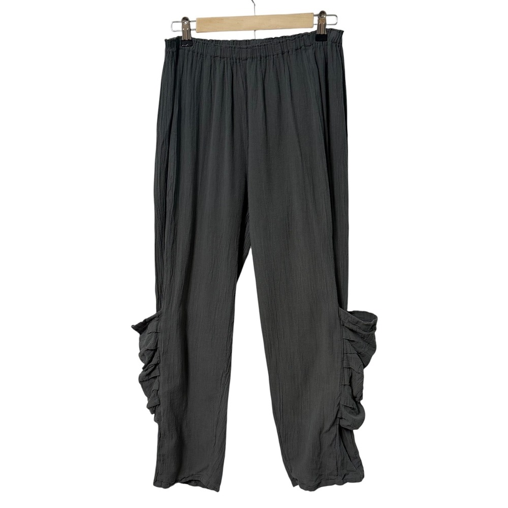 Oh My Gauze Pants Womens 2 Gray Lagenlook Ruffle Pocket Cotton Minimalist Relax